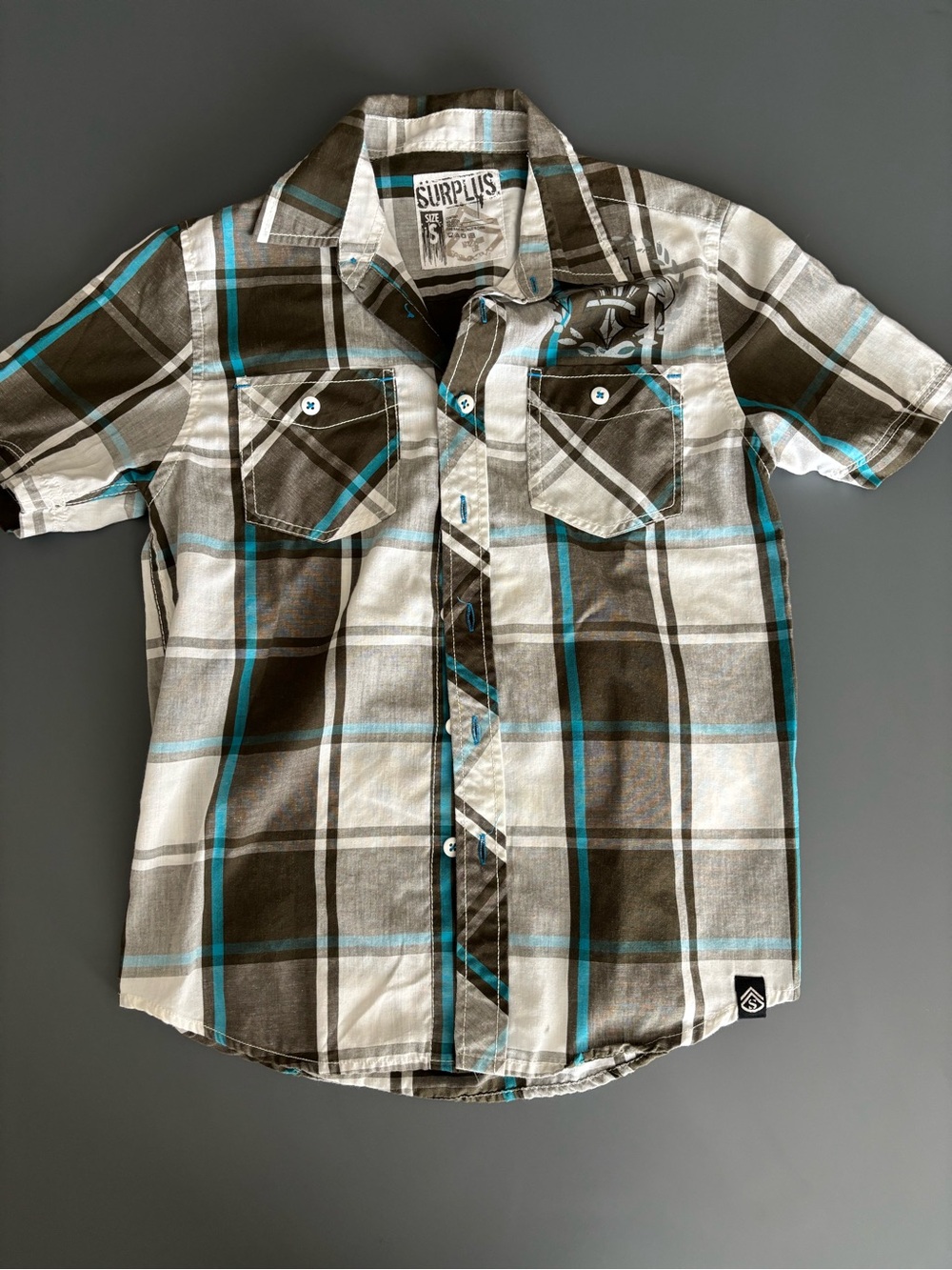 Surplus Boys' Short Sleeve Plaid Button-Down Shirt - Gray, White & Turquoise